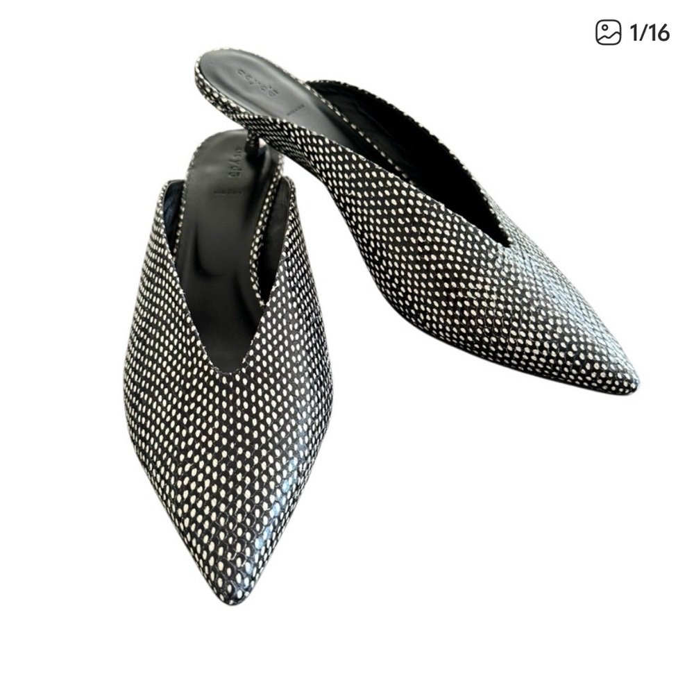 Aeyde Kitten Heel Point Toe Flats Mules Polka Dot Print Black White Leather